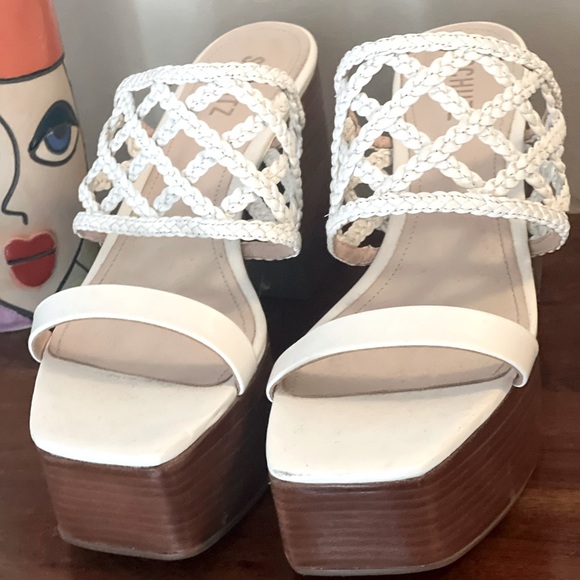 Schultz Shoes Wooden Wedge Platform Sandals in White Leather. Size 9.5 - Picture 3 of 7